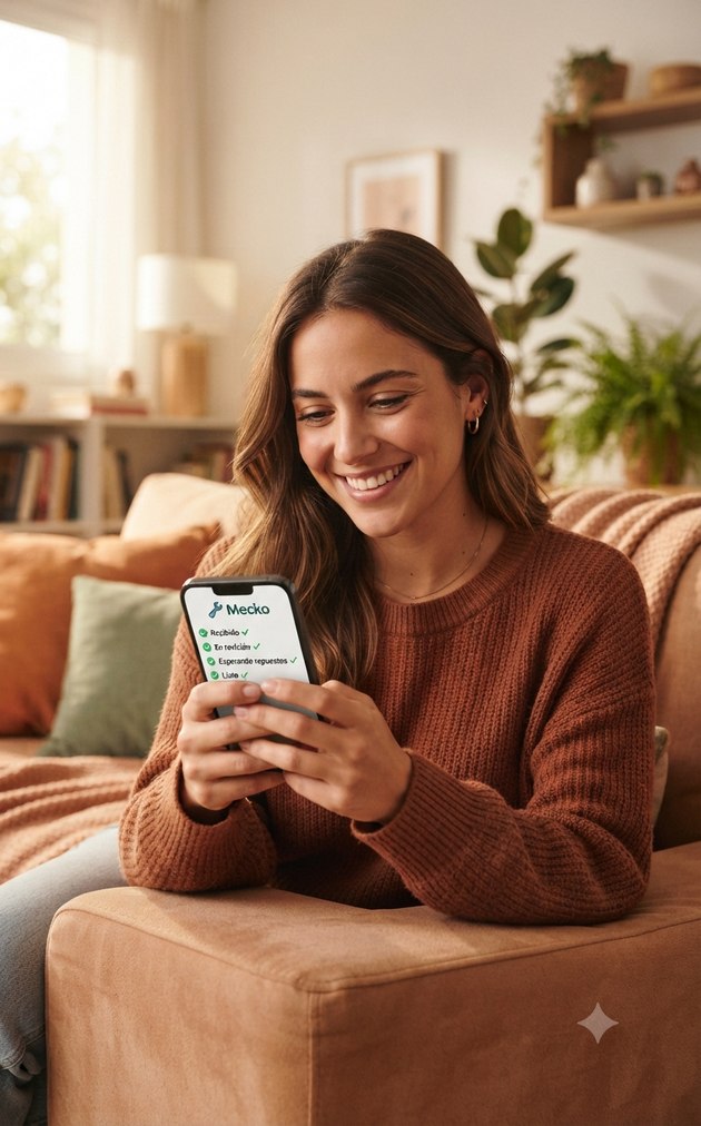 Dueña sonriendo mientras ve el estado de su auto en la app Mecko